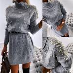 Beige Pearl Belted Knitted Dress