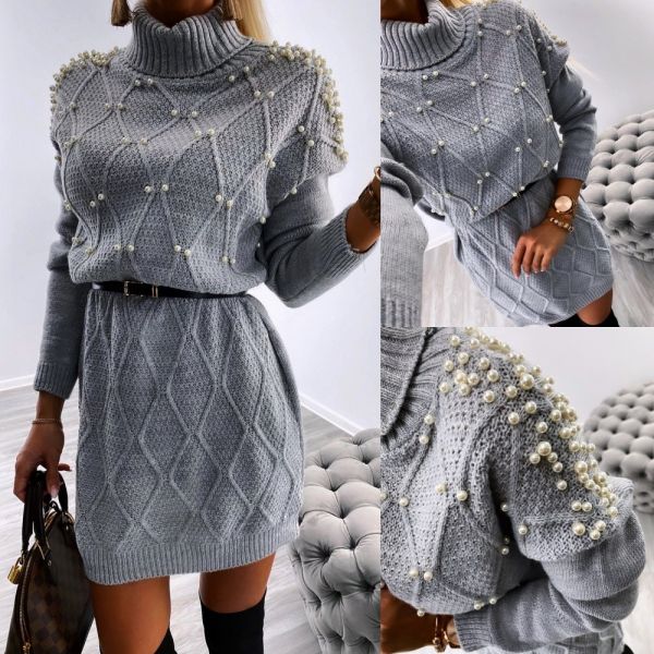 Grey Pearl Belted Knitted Dress