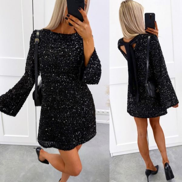 Black Flowy Dress With Sequins And A Bow At The Back