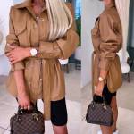 Beige Leather Snap Button Jacket
