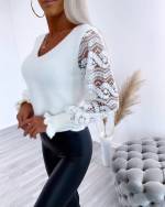 White Lace Sleeve Soft Sweater
