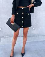 Black Thicker Fabric Skirt With Gold Buttons