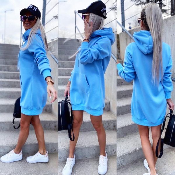 Blue Hooded Pullover Dress