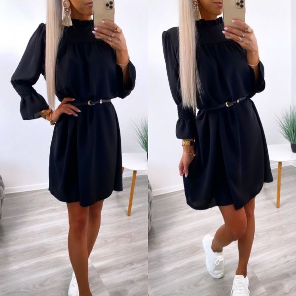 Black Casual Belted Dress