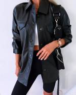 Black Leather Snap Button Jacket