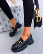 Shiny Black Moccasins With Gold Detail