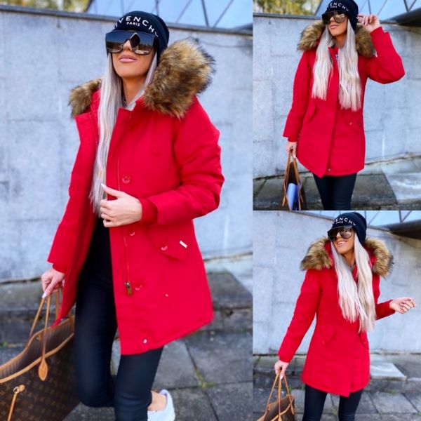 Red Winter Parka With Fake Fur And Waterproof Coating