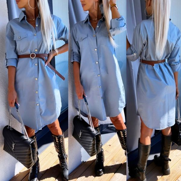 Blue Belted Casual Dress