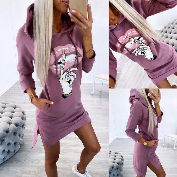 Dark Pink Casual Hooded Pullover Dress
