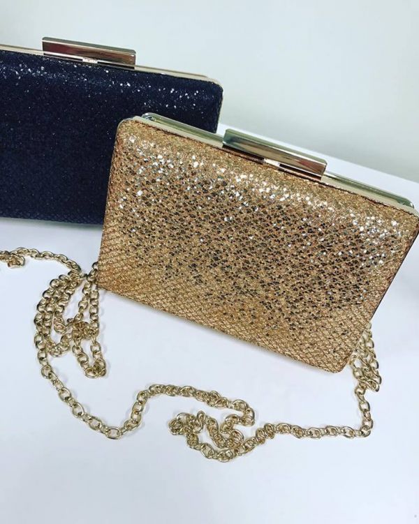Gold Sequin Clutch Bag With Golden Chain