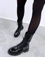 Shiny Black Comfortable Lace-up Boots