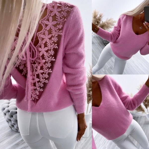 Розовый Мягкий свитер с кружевом на спине