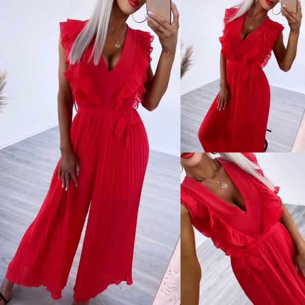 Red Long Lace Pleated Jumpsuit
