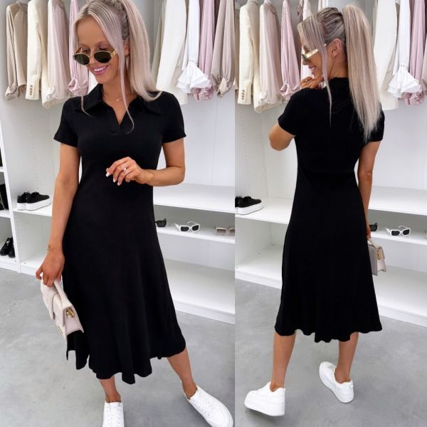 Black Stretch Fabric Polo Dress With Side Slit