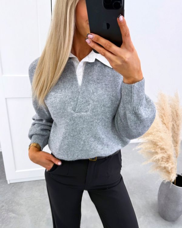 Grey Comfortable Sweater With White Collar