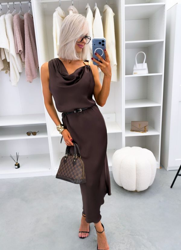 Brown Silky Dress With A Belt