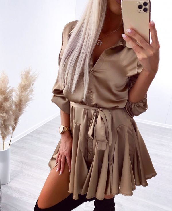 Beige Buttoned Dress Tied In The Middle