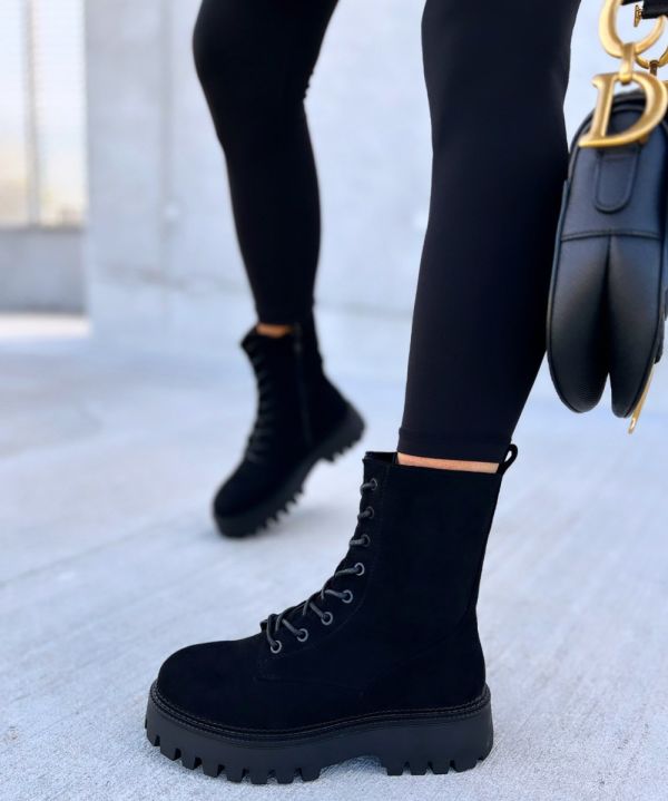 Black Velvet Lace-up Boots