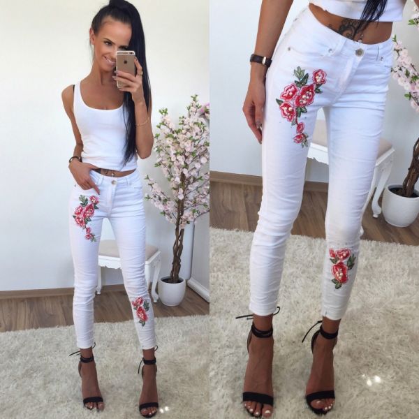 White Embroidered Stretch Pants