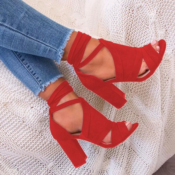 Красный Туфли на блочном каблуке со шнуровкой