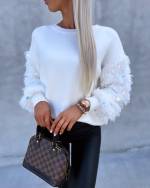 Light Beige Sweater With Sequins And Feathers
