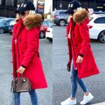 Red Winter Parka With Natural Fur And Waterproof Outer Layer