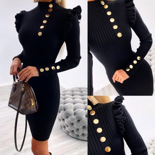 Black Gold Button Knitted Dress