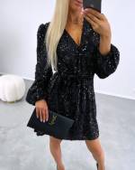 Black Soft Wrap Dress With Sequins