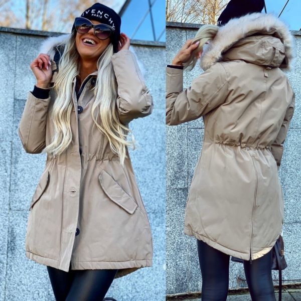 Beige Winter Parka With Waterproof Outer Layer