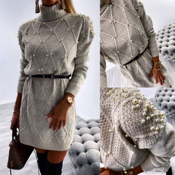Beige Pearl Belted Knitted Dress