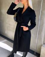 Black Tie-waist Wool Coat With Gold Details