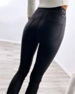 Black Matte Leather Stretch Pants With Silver Zippers