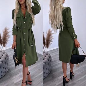 Khaki Buttoned Dress Tied In The Middle
