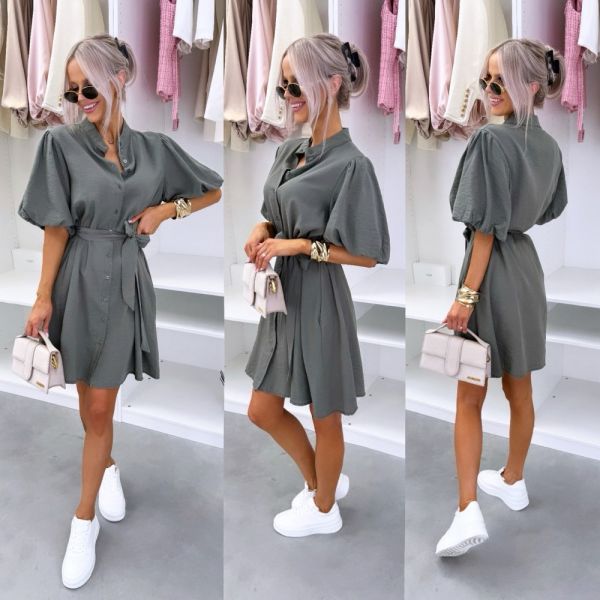 Khaki Tie-front Dress With Pockets