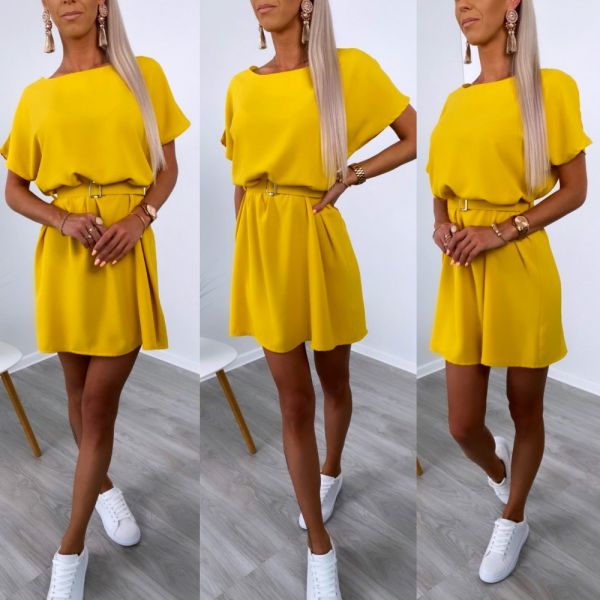 Yellow Casual Belted Dress
