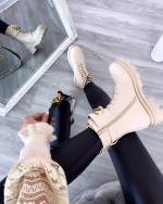 Beige Lace Up Gold Chain Boots