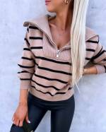White Zippered Striped Sweater