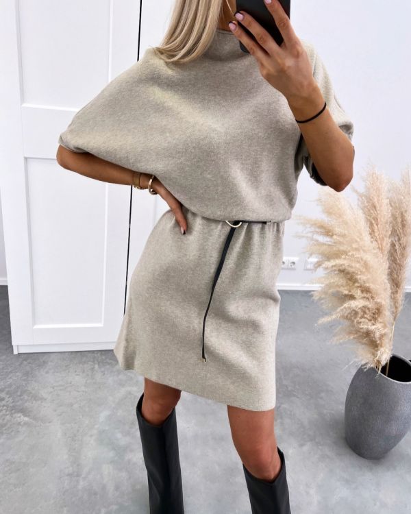 Beige Soft Sweater Dress With Belt