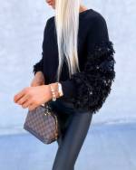 Black Sweater With Sequins And Feathers