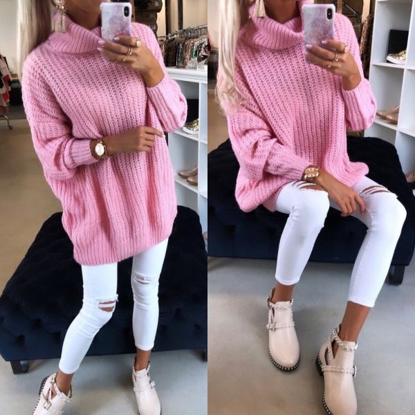 Pink Knitted Collar Oversized Dress