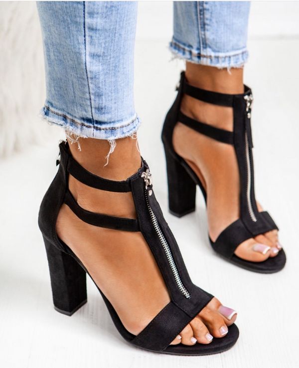 Black Ankle Zip Block Heel