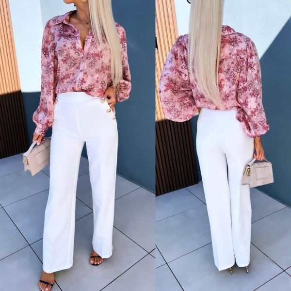 White Straight-cut Pants With Gold Buttons