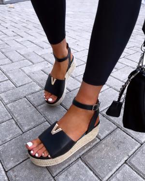 Black Comfortable Platform Shoes With Golden Details