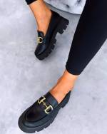 Shiny Black Moccasins With Gold Detail