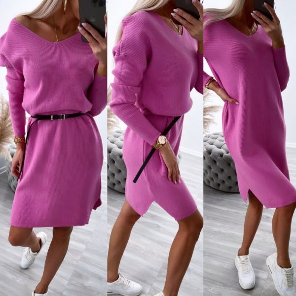 Розовый Свободное платье-свитер с поясом