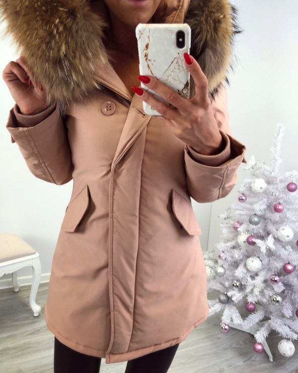 Pink Winter Parka With Natural Fur And Waterproof Outer Layer