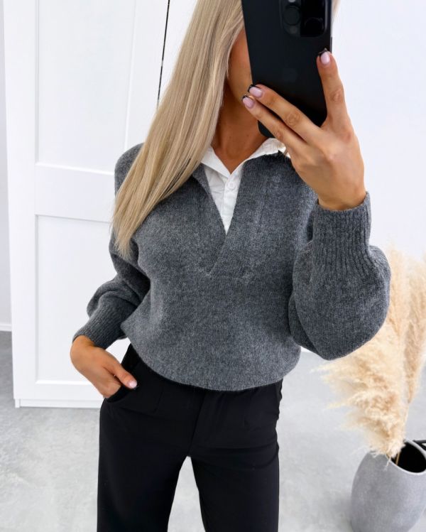 Dark Gray Comfortable Sweater With White Collar