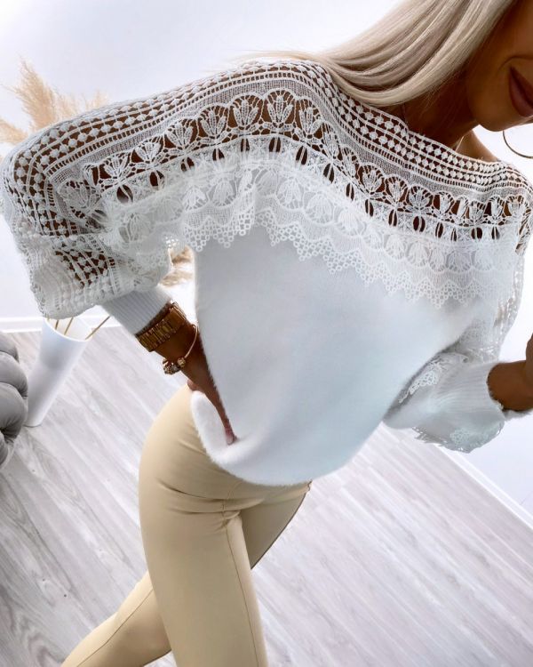 Белое Мягкий свитер с кружевом