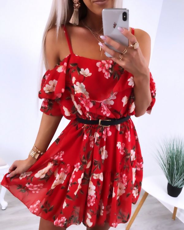 Red Off Shoulder Floral Pattern Chiffon Dress