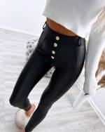 Черный Кожаные эластичные брюки с золотыми пуговицами